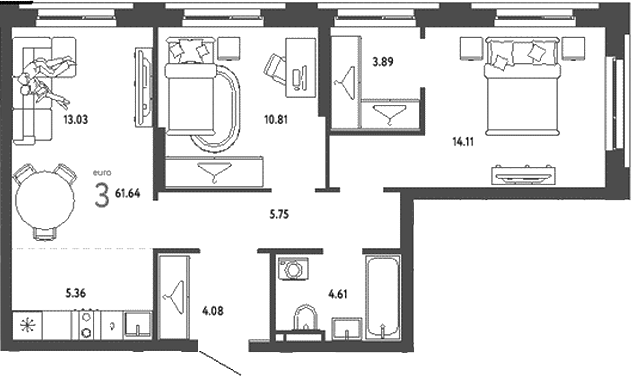 Планировка — Уральский сад, 3-комн., 62 м²