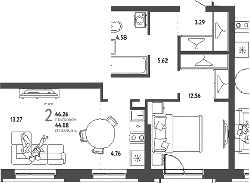 Планировка — Уральский сад, 2-комн., 44 м²