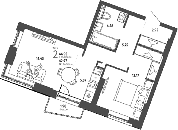 Планировка — Уральский сад, 2-комн., 43 м²