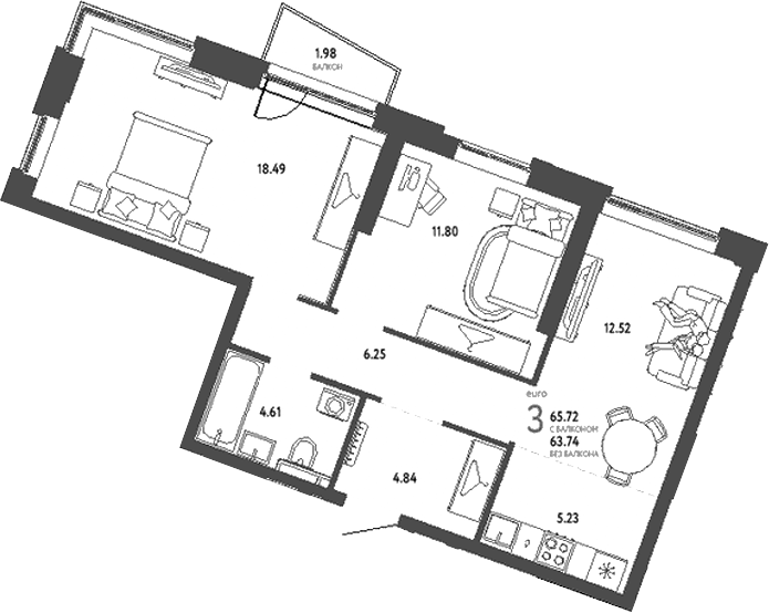Планировка — Уральский сад, 3-комн., 64 м²