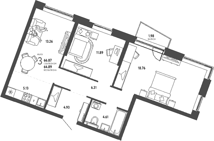 Планировка — Уральский сад, 3-комн., 65 м²