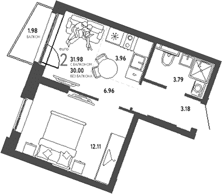 Планировка — Уральский сад, 2-комн., 30 м²