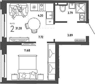 Планировка — Уральский сад, 2-комн., 31 м²
