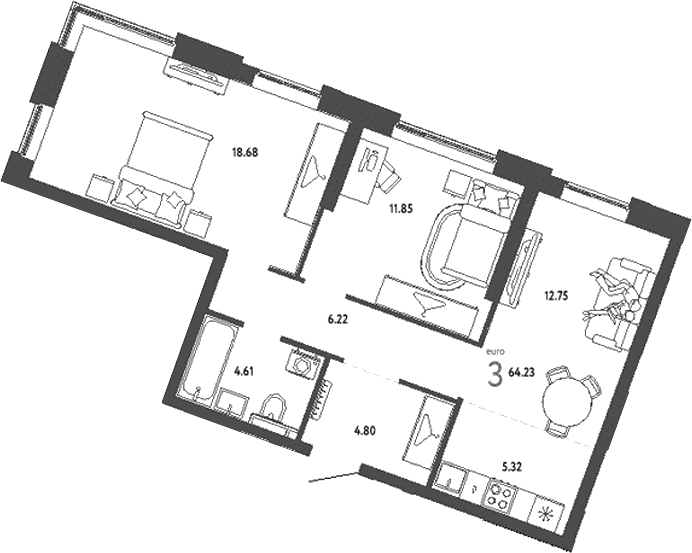 Планировка — Уральский сад, 3-комн., 64 м²