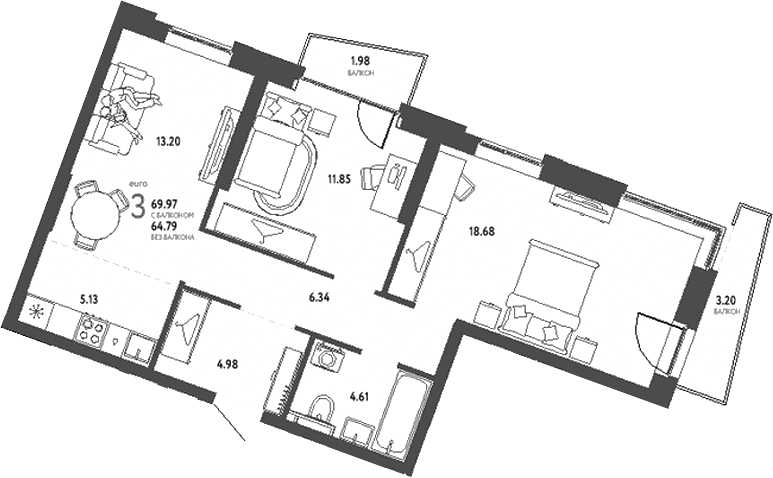 Планировка — Уральский сад, 3-комн., 65 м²
