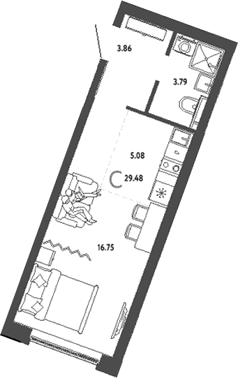 Планировка — Уральский сад, Студия, 29 м²