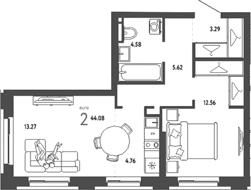 Планировка — Уральский сад, 2-комн., 44 м²