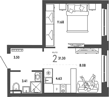 Планировка — Уральский сад, 2-комн., 31 м²