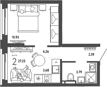 Планировка — Уральский сад, 2-комн., 27 м²