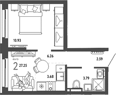 Планировка — Уральский сад, 2-комн., 27 м²