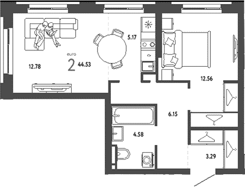 Планировка — Уральский сад, 2-комн., 45 м²