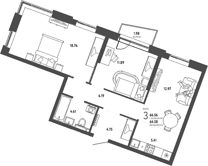 Планировка — Уральский сад, 3-комн., 65 м²