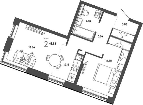 Планировка — Уральский сад, 2-комн., 44 м²