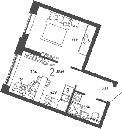 Планировка — Уральский сад, 2-комн., 30 м²