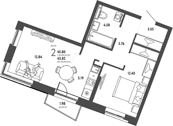 Планировка — Уральский сад, 2-комн., 44 м²