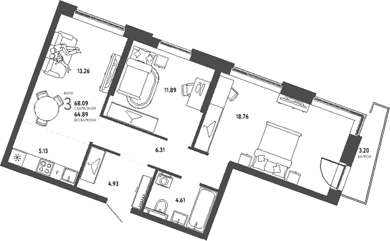Планировка — Уральский сад, 3-комн., 65 м²
