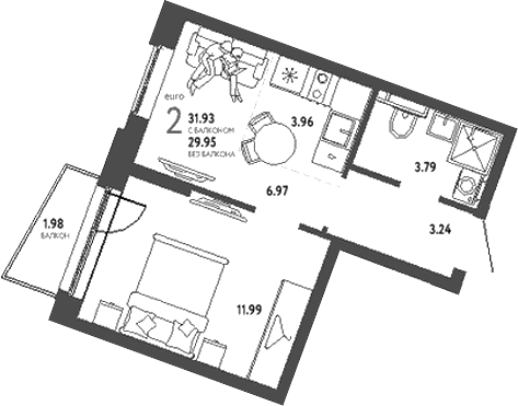 Планировка — Уральский сад, 2-комн., 30 м²