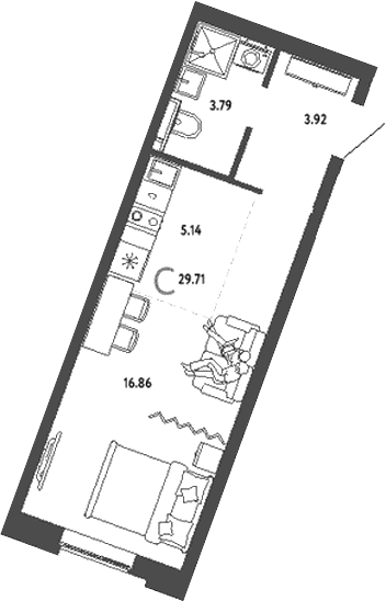 Планировка — Уральский сад, Студия, 30 м²