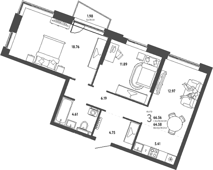 Планировка — Уральский сад, 3-комн., 65 м²