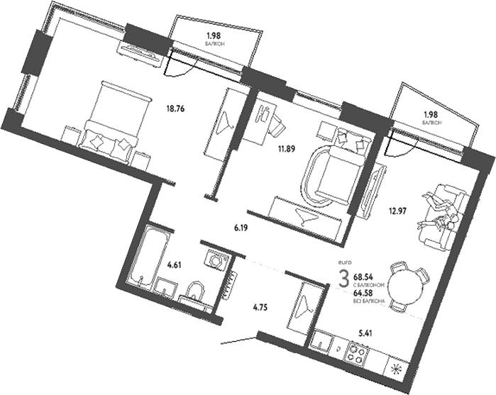 Планировка — Уральский сад, 3-комн., 65 м²