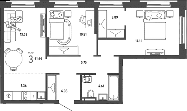 Планировка — Уральский сад, 3-комн., 62 м²