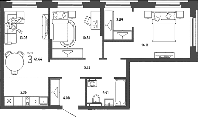 Планировка — Уральский сад, 3-комн., 62 м²