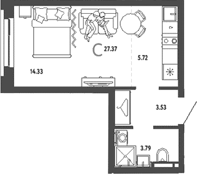 Планировка — Уральский сад, Студия, 27 м²