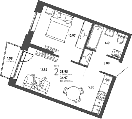Планировка — Уральский сад, 2-комн., 37 м²