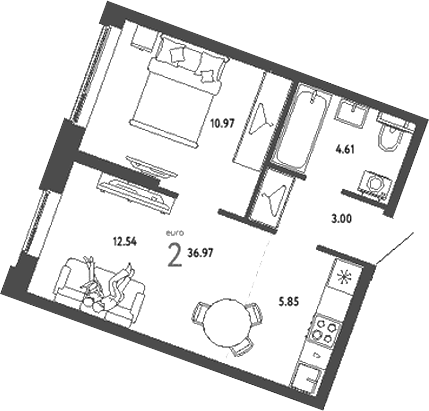 Планировка — Уральский сад, 2-комн., 37 м²
