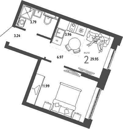 Планировка — Уральский сад, 2-комн., 30 м²