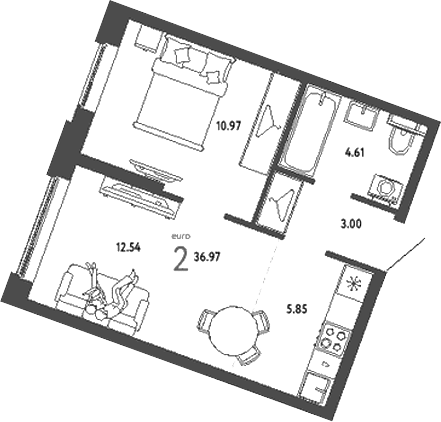 Планировка — Уральский сад, 2-комн., 37 м²