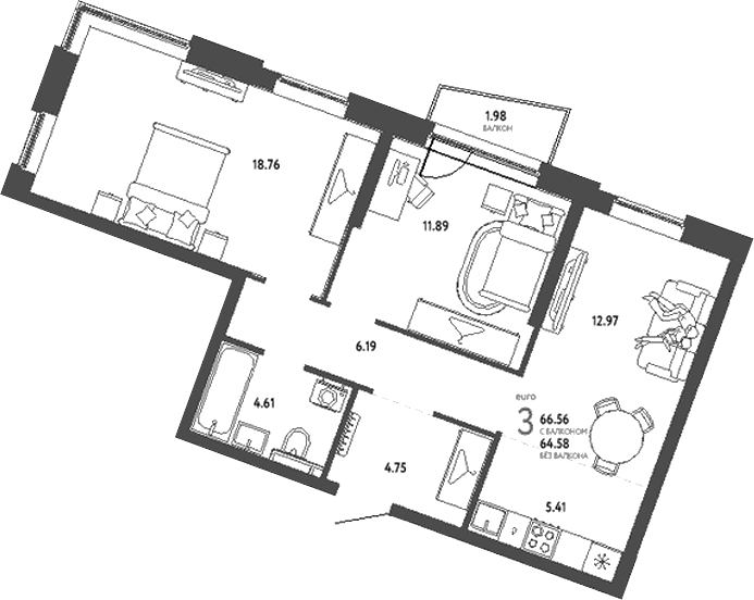 Планировка — Уральский сад, 3-комн., 65 м²