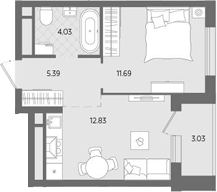 Планировка — Бодровский, 1-комн., 34 м²