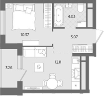 Планировка — Бодровский, 1-комн., 32 м²