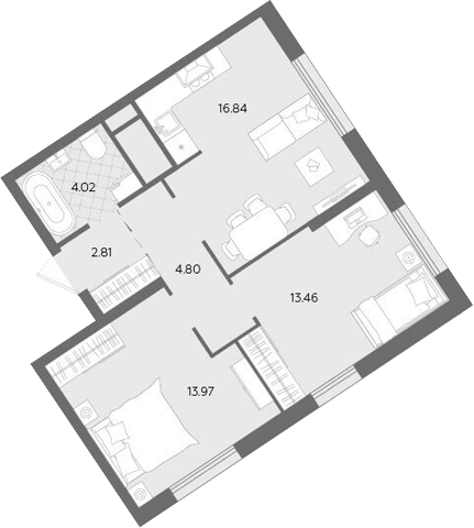 Планировка — Бодровский, 3-комн., 56 м²