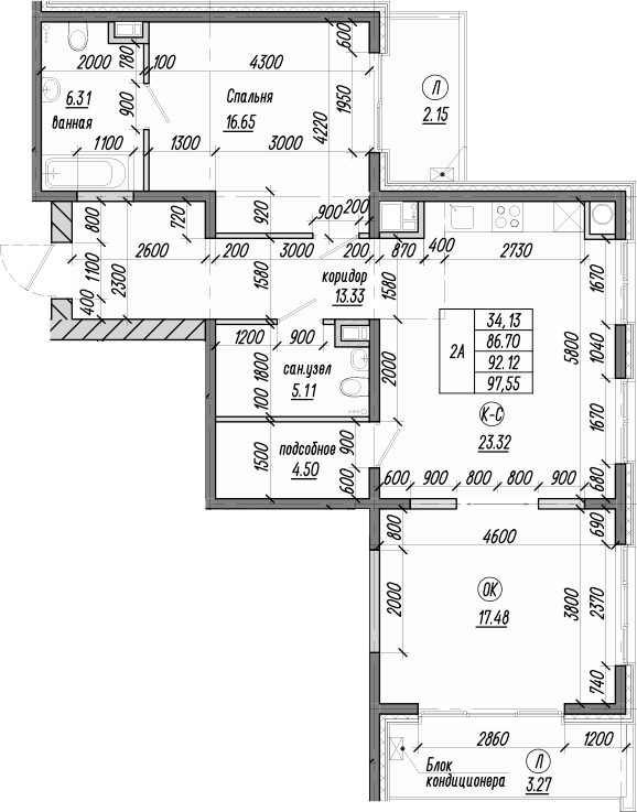 Планировка — Миндаль. СЗ Исток, 2-комн., 92 м²