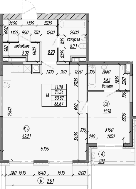 Планировка — Миндаль. СЗ Исток, 1-комн., 84 м²