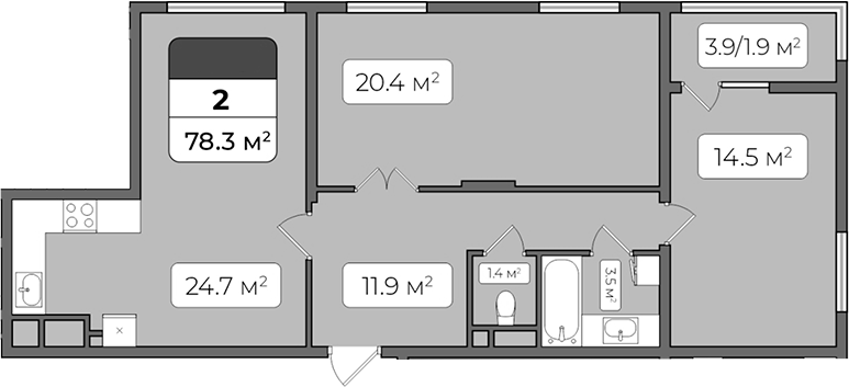 Планировка — Континент, 2-комн., 76 м²
