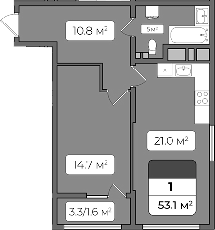 Планировка — Континент, 1-комн., 52 м²