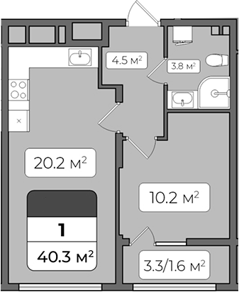 Планировка — Континент, 1-комн., 39 м²
