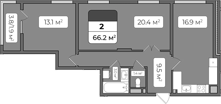 Планировка — Континент, 2-комн., 64 м²