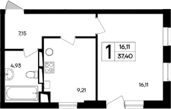 Планировка — Кубики, 1-комн., 37 м²