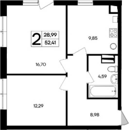 Планировка — Кубики, 2-комн., 52 м²