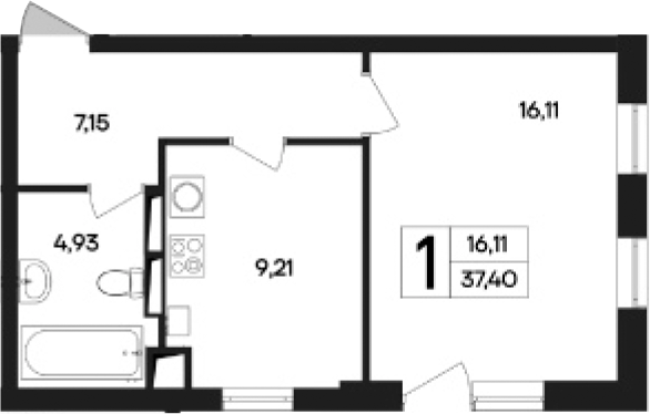 Планировка — Кубики, 1-комн., 37 м²