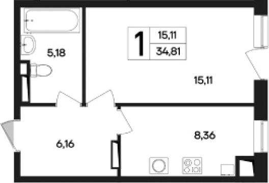 Планировка — Кубики, 1-комн., 35 м²
