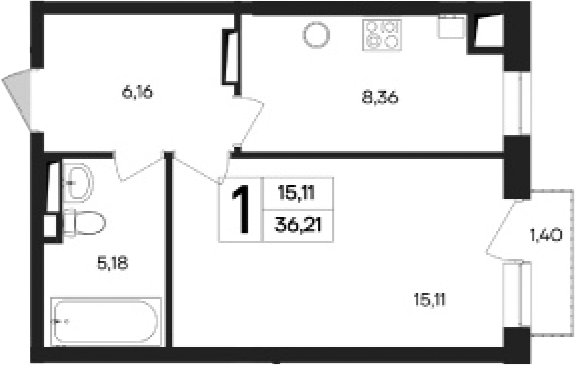 Планировка — Кубики, 1-комн., 35 м²