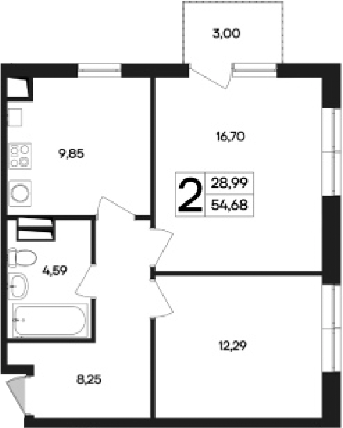 Планировка — Кубики, 2-комн., 52 м²