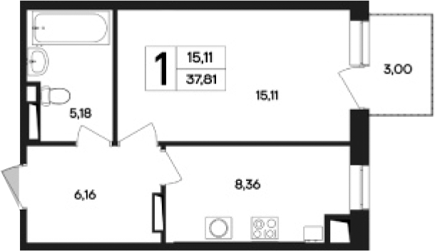Планировка — Кубики, 1-комн., 35 м²