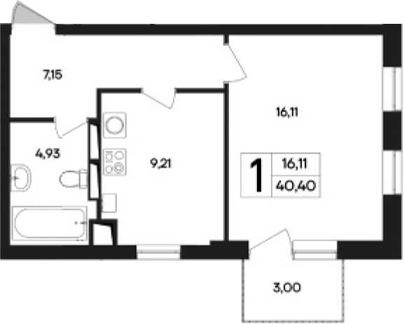 Планировка — Кубики, 1-комн., 37 м²