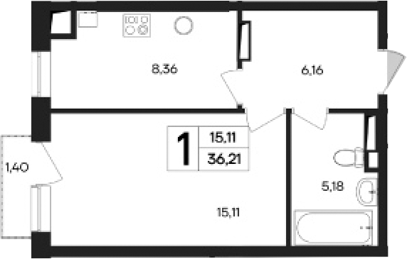 Планировка — Кубики, 1-комн., 35 м²